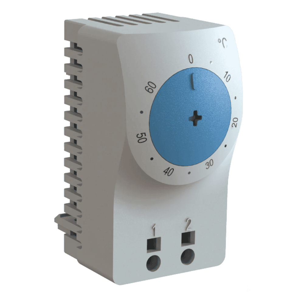 Termostato/Interruptor Para Control de Temperatura en Grados Celsius, Para Uso con Ventiladores, Con Terminales de Conexión, y Clip para Riel Din de 35 mm, Color Gris Claro ATEMNOC