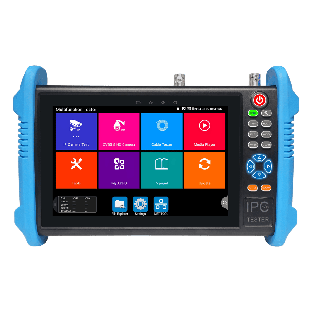 Tester de Video Profesional | Pantalla 7"|  Prueba IP/HD/Analógicas | TVI/CVI/AHD/CVBS | IP ONVIF | 4K/8K | H.264/H.265 | HDMI | PTZ | Scanner IP | TDR | Salidas 12V/24V/PoE | Activación Simultanea. TPTURBO8K(BT)