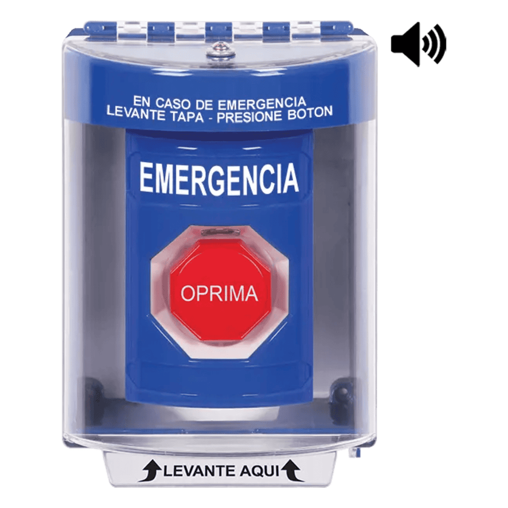 ​Botón Multipropósito, Color Azul, De Superficie con Espaciador, C/Tapa De Policarbonato, C/Bocina Pre Alarma, Interior/Exterior, Llave Para Restablecer, Texto De Emergencia, Español SS2482EM-ES