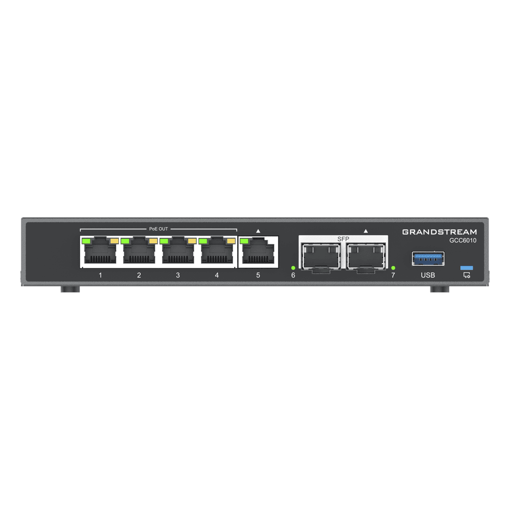 4 en 1: Firewall Nueva Generación, Router, IP PBX (24 usuarios / 8 llamadas), Switch Gigabit de 5 Puertos (4 PoE) y 2 Puertos SFP 2.5 Gigabit GCC6010