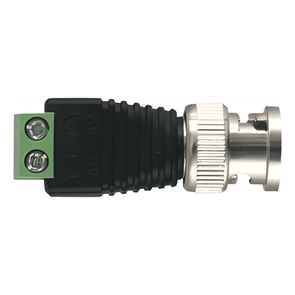 Adaptador de conector BNC macho a 2 terminales-tornillo para cables AWG-26-14, en aplicaciones Video Vigilancia, Níquel/ Oro/ PTFE y PVC. TT-RG-17