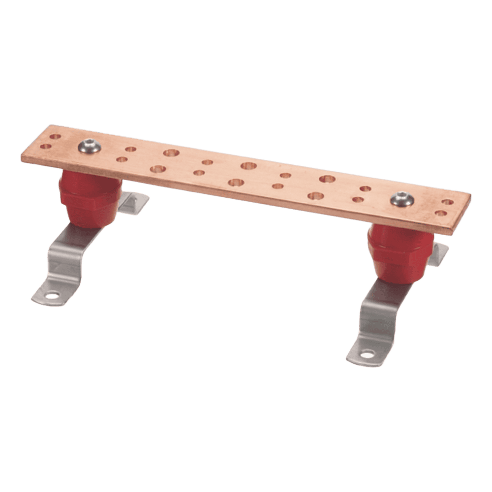 Barra Unión Telecom TMGB / 12 x 2 x 1/4 in / Cobre 100% / 6+12 Orificios / Montaje Muro Incluido / Aisladores Rojos / J-STD-607-A LP-BUS-TMX122