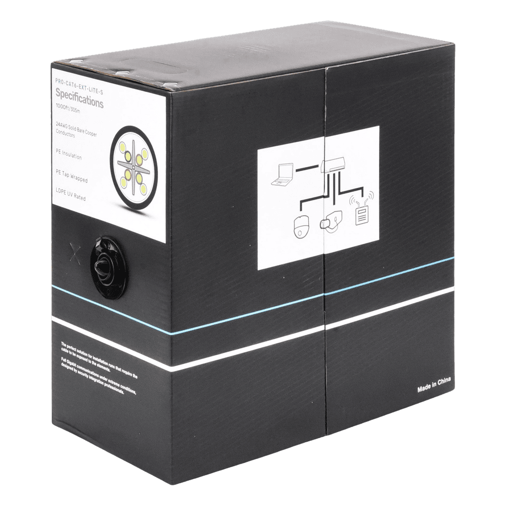 Bobina de Cable 305 Metros (1000 Pies) Cat6, 24 AWG, Climas Extremos, Color Negro, Sin Blindar, para Intemperie PRO-CAT-6-EXT-LITES
