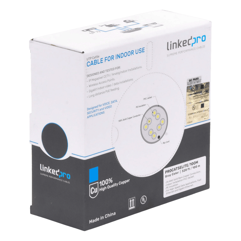 Bobina de Cable de 100 Metros (328.08 Pies), Cat5e, 24 AWG, Color Gris, UL, para Aplicaciones en Videovigilancia, Redes de Datos. Uso Interior PRO-CAT-5E-LITE/100M