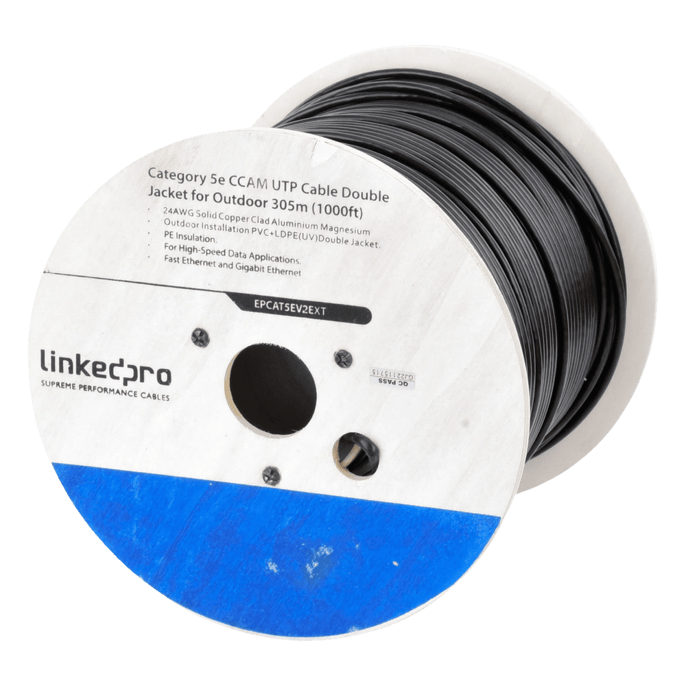 Bobina de Cable de 305 Metros (1000 Pies) Cat5e, Aleación de Cobre y Aluminio (CCA), Color Negro, Uso Intemperie, Doble Forro EP-CAT-5E-V2-EXT