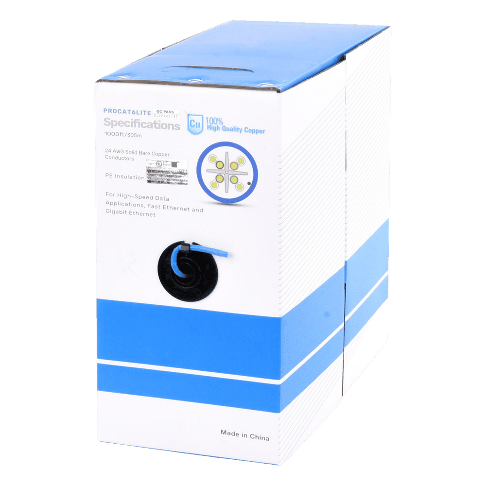 Bobina de Cable de 305 Metros (1000 Pies) Cat6, CM, 24 AWG, Alto Rendimiento, ETL, UL, Color Azul, Super Flexible, para Aplicaciones de Videovigilancia, Video HD, y Redes de Datos. Uso Interior PRO-CAT-6-LITE