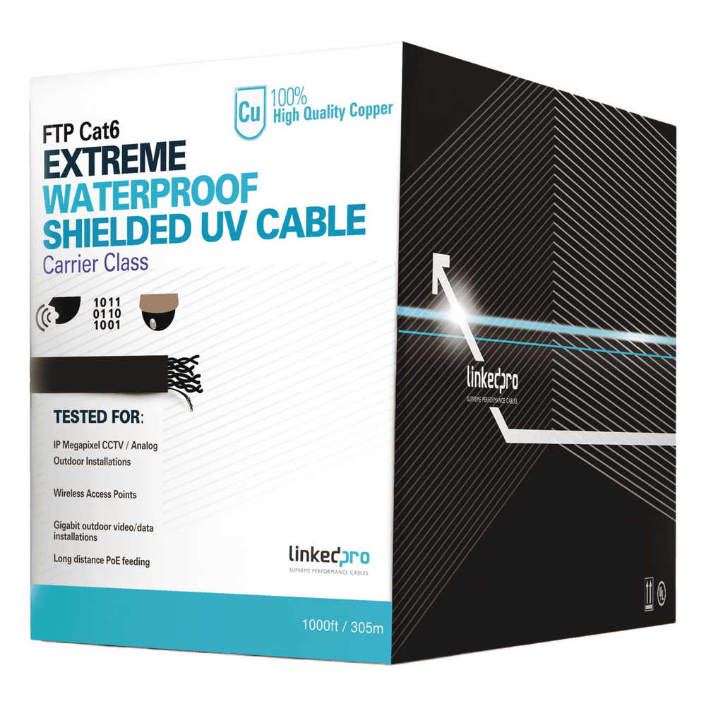 Bobina de Cable de 305 Metros (1000 Pies) Cat6+ Calibre 23 Exterior Blindado Tipo FTP para Climas Extremos, UL, Color Negro PRO-CAT-6-EXT