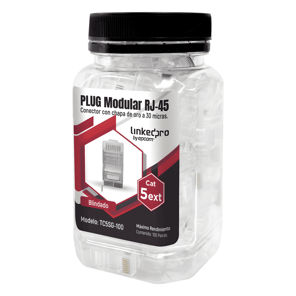 Bote con 100 Piezas de Plug Modular RJ45 Cat5e Blindado, Chapado de Oro a 30 Micras para Durabilidad Extrema con Pin de Tierra TC5SG-100