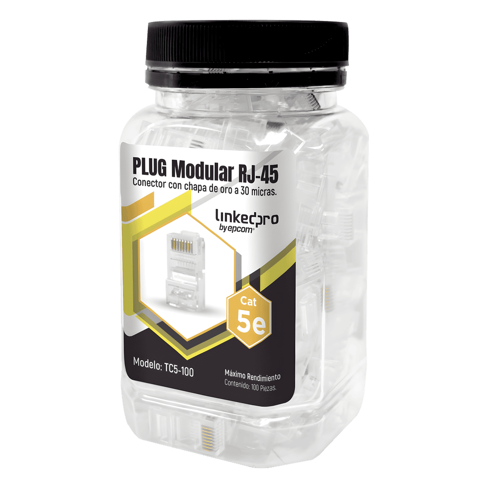 Bote con 100 Piezas de Plug Modular RJ45 Cat5e sin Blindaje, Chapado de Oro a 30 Micras para Durabilidad Extrema TC5-100