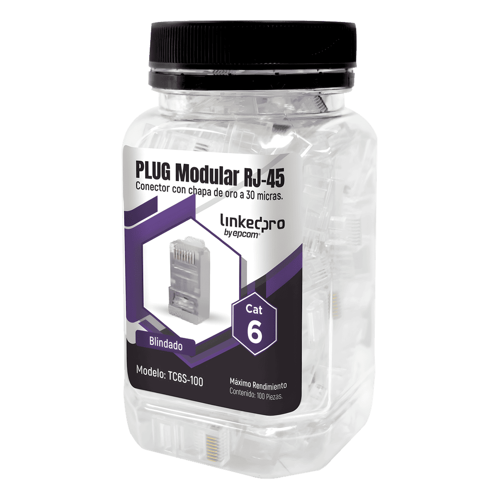 Bote con 100 Piezas de Plug Modular RJ45 Cat6 Blindado, Chapado de Oro a 30 Micras para Durabilidad Extrema SIN PIN de Tierra TC6S-100