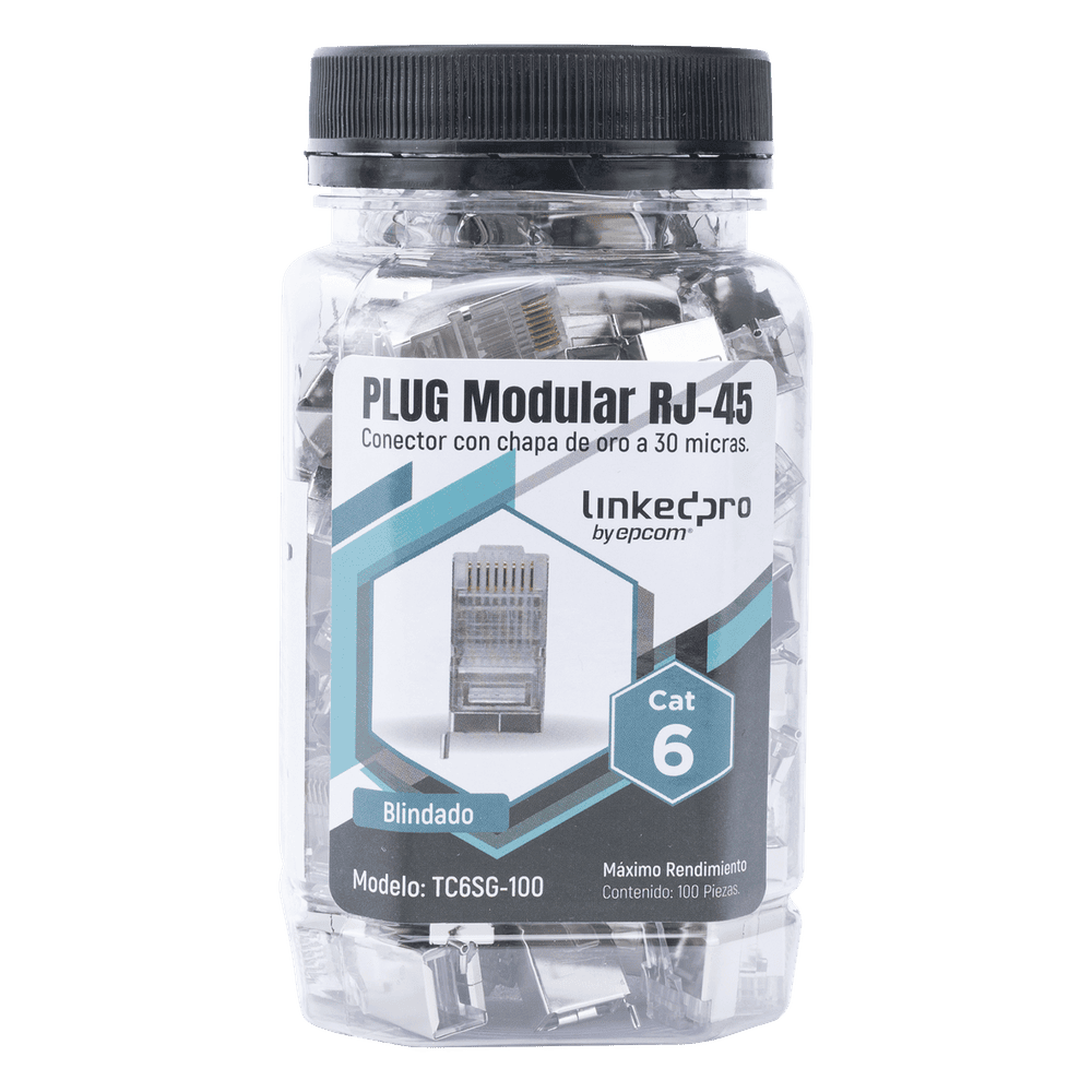 Bote con 100 Piezas de Plug Modular RJ45 Cat6 Blindado con Pin de Tierra, Chapado de Oro a 30 Micras para Durabilidad Extrema TC6SG-100