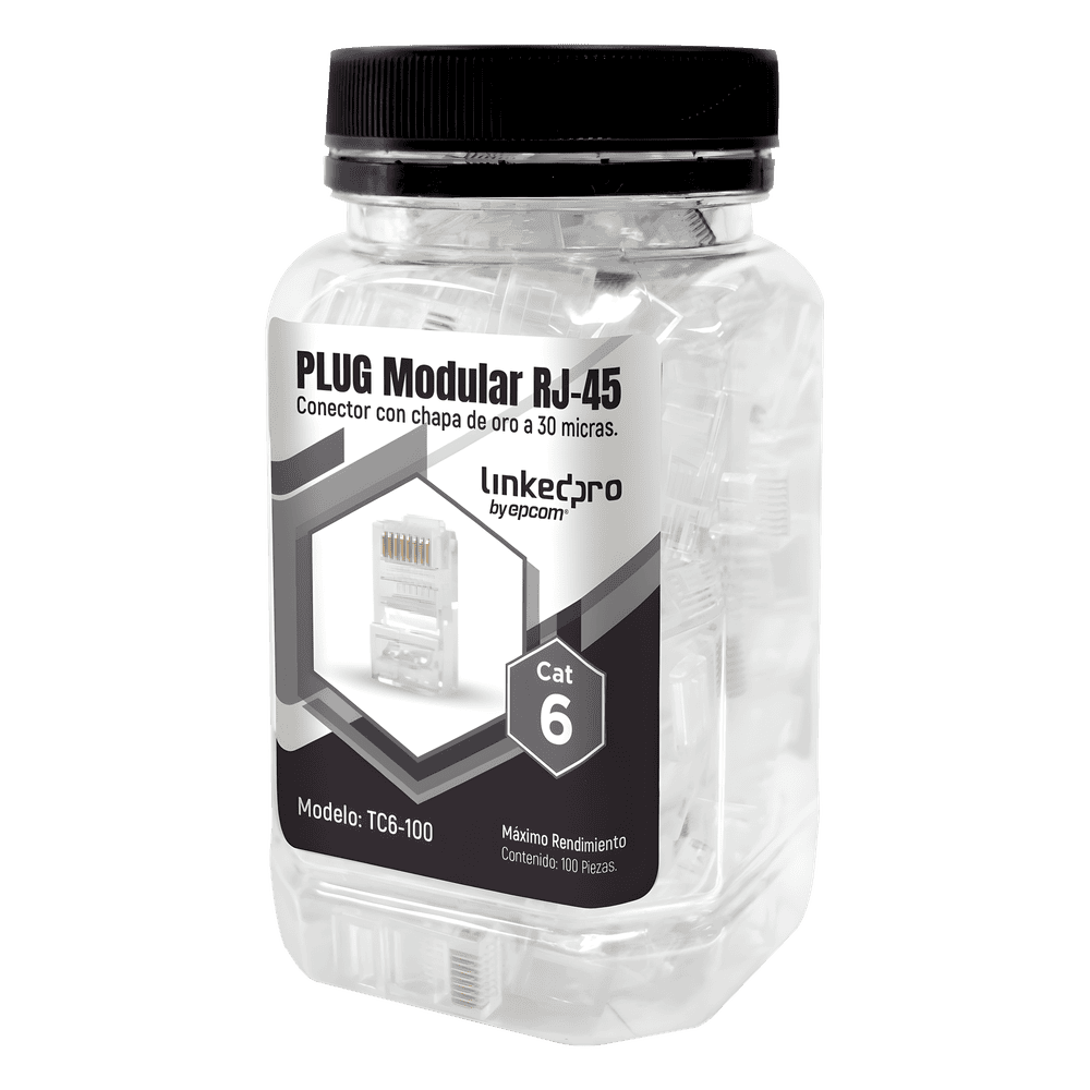 Bote con 100 Piezas de Plug Modular RJ45 Cat6 sin Blindaje, Chapado de Oro a 30 Micras para Durabilidad Extrema TC6-100