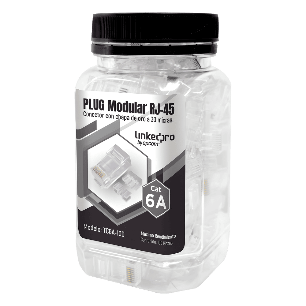Bote con 100 Piezas de Plug Modular RJ45 Cat6A Chapado de Oro a 30 Micras para Durabilidad Extrema TC6A-100