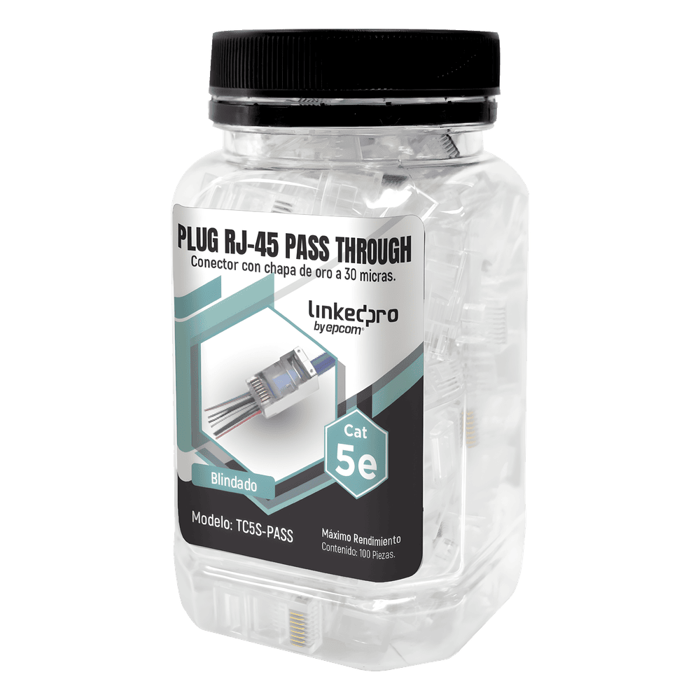 Bote con 100 Plugs Pass Through RJ45 Cat5e Blindado, Chapado de Oro a 30 Micras para Durabilidad Extrema TC5S-PASS