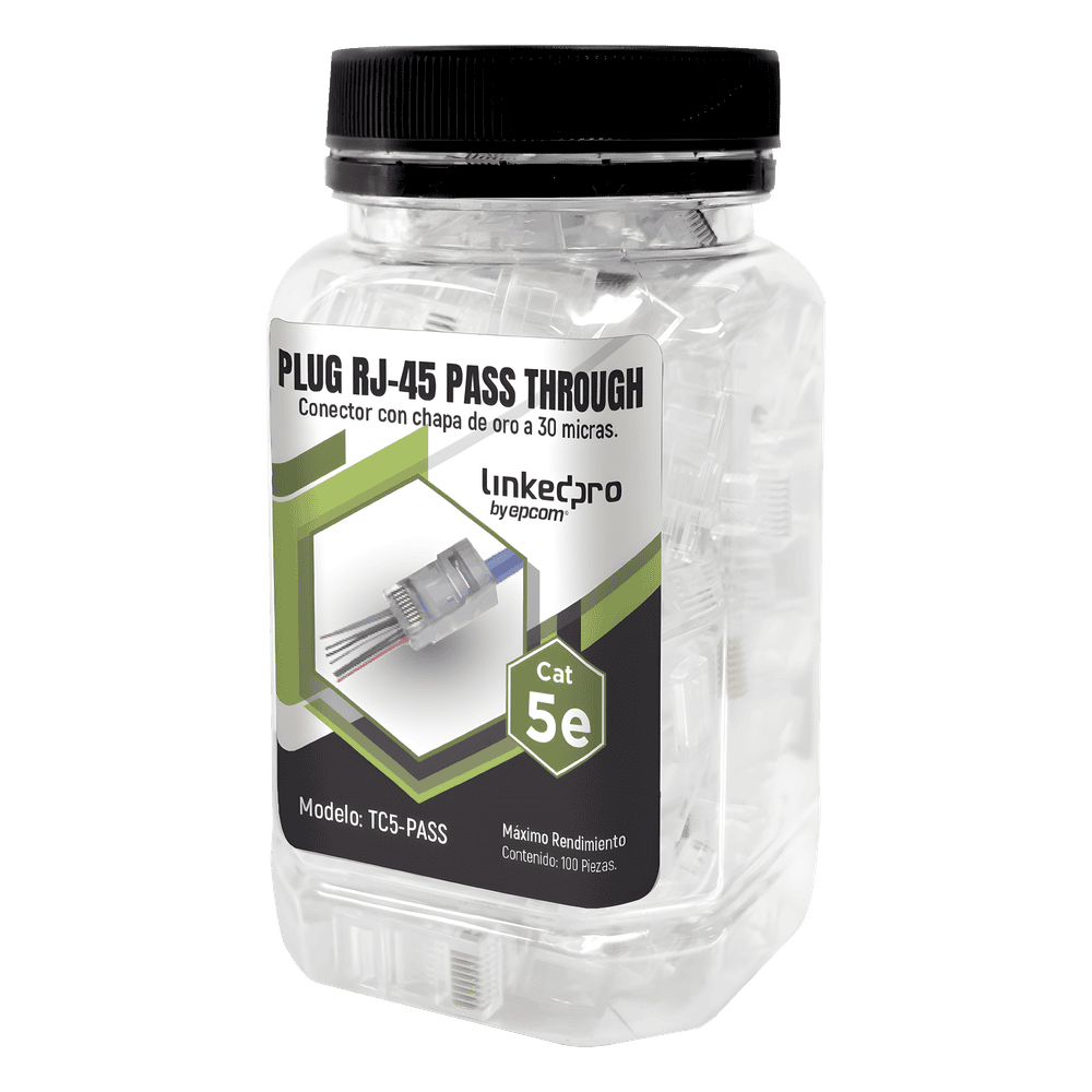Bote con 100 Plugs Pass Through RJ45 Cat5e sin Blindaje, Chapado de Oro a 30 Micras para Durabilidad Extrema TC5-PASS