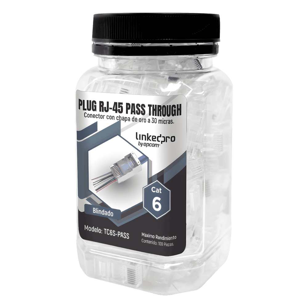 Bote con 100 Plugs Pass Through RJ45 Cat6 Blindado Chapado de Oro a 30 Micras para Durabilidad Extrema TC6S-PASS