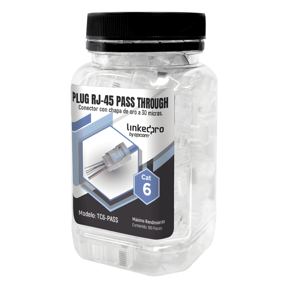 Bote con 100 Plugs Pass Through RJ45 Cat6 sin Blindaje, Chapado de Oro a 30 Micras para Durabilidad Extrema TC6-PASS