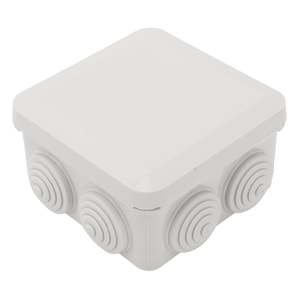 Caja Estanca, Derivación, Conexión de Plástico (89 X 89 X 50 mm) con 7 Glándulas de Goma. Para Instalaciones Comerciales,  Residenciales e Industriales. Cerrado a Presión. PST-0808-ER