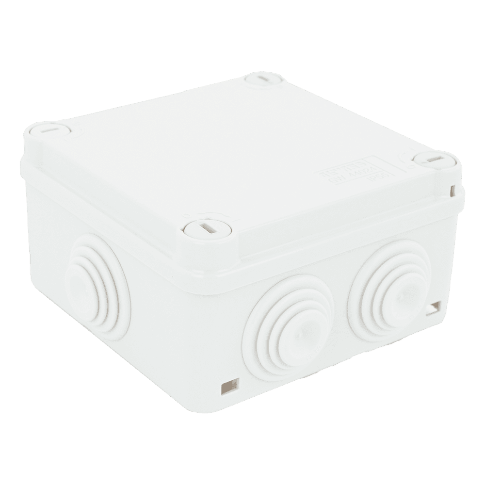 Caja Estanca de PVC Para Derivación y Conexión, 6 Entradas, Tapa con Tornillo de 1/4" de Vuelta, 100x100x50 mm (Área Interna), Uso Exterior IP55, Material que no Propaga el Fuego y Libre de Hálogenos GW-44-024