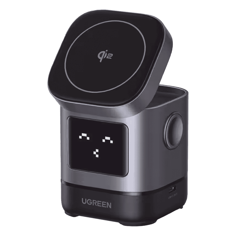 Cargador Inalámbrico Robot 2 en 1 UGREEN Qi2 / 15W Ultra Rápido para iPhone / 5W para AirPods / Pantalla Inteligente con Expresiones / Imanes N48H / Puerto USB-C 5W para Apple Watch / Compatibilidad MPP 45775