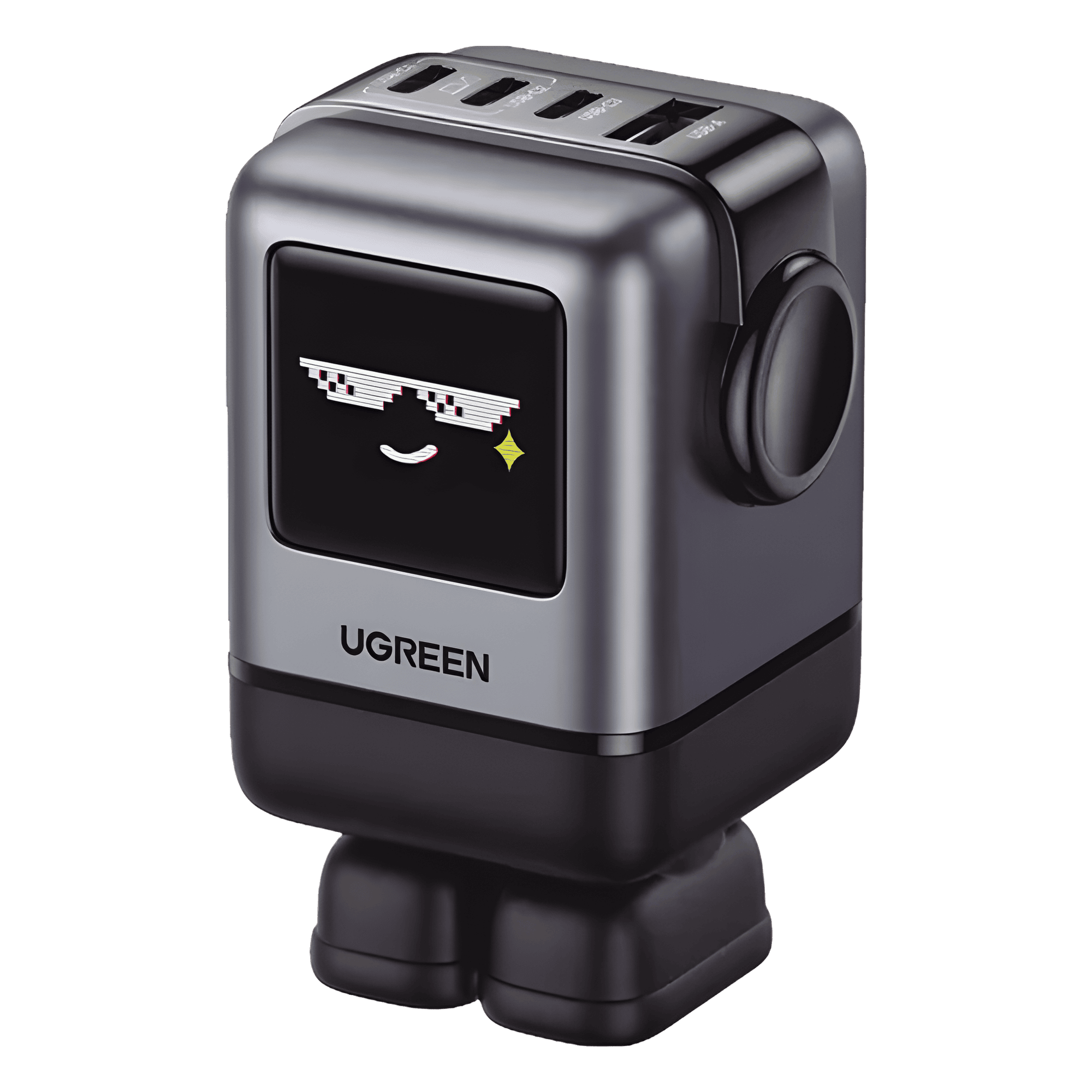 Cargador RobotGaN de 100W Serie UNO | 4 Puertos de Carga Rápida | 3 USB-C | 1 USB-A | PD 3.0 | QC 4.0 | Carga Inteligente | Tecnología GaN II | Zapato Magnético Extraíble | Carcasa Ignífuga | Pantalla LED 45514B