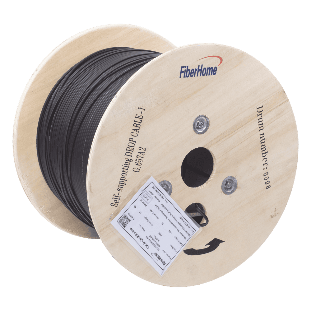Carrete de 1 km de Fibra Óptica Aérea Mini Figura 8 G.657A2 Tipo Drop, Monomodo de 1 Hilo (Unifibra), Color Negro, Span 80 IC-FIG8A2-1C