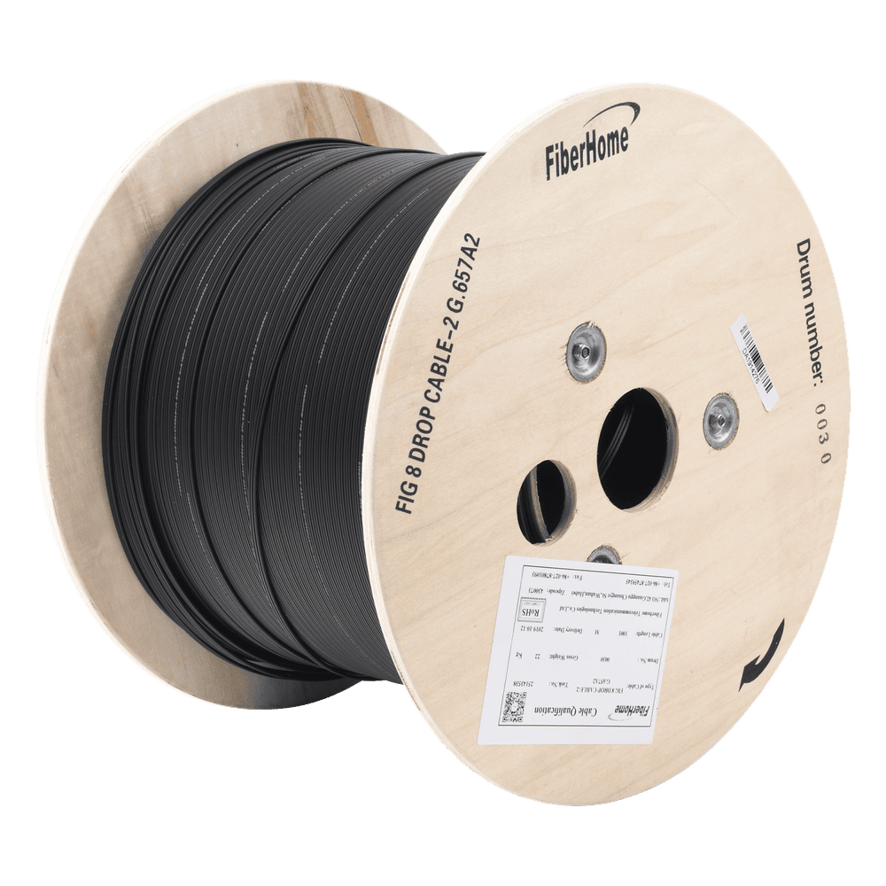 Carrete de 1 km de Fibra Óptica Aérea Mini Figura 8 G.657A2 Tipo Drop, Monomodo de 2 Hilos (Bifibra), Diseñada para Fusionarse, Color Negro, Span 80, (No Soporta Conectores Mecánicos) IC-FIG8A2-2C