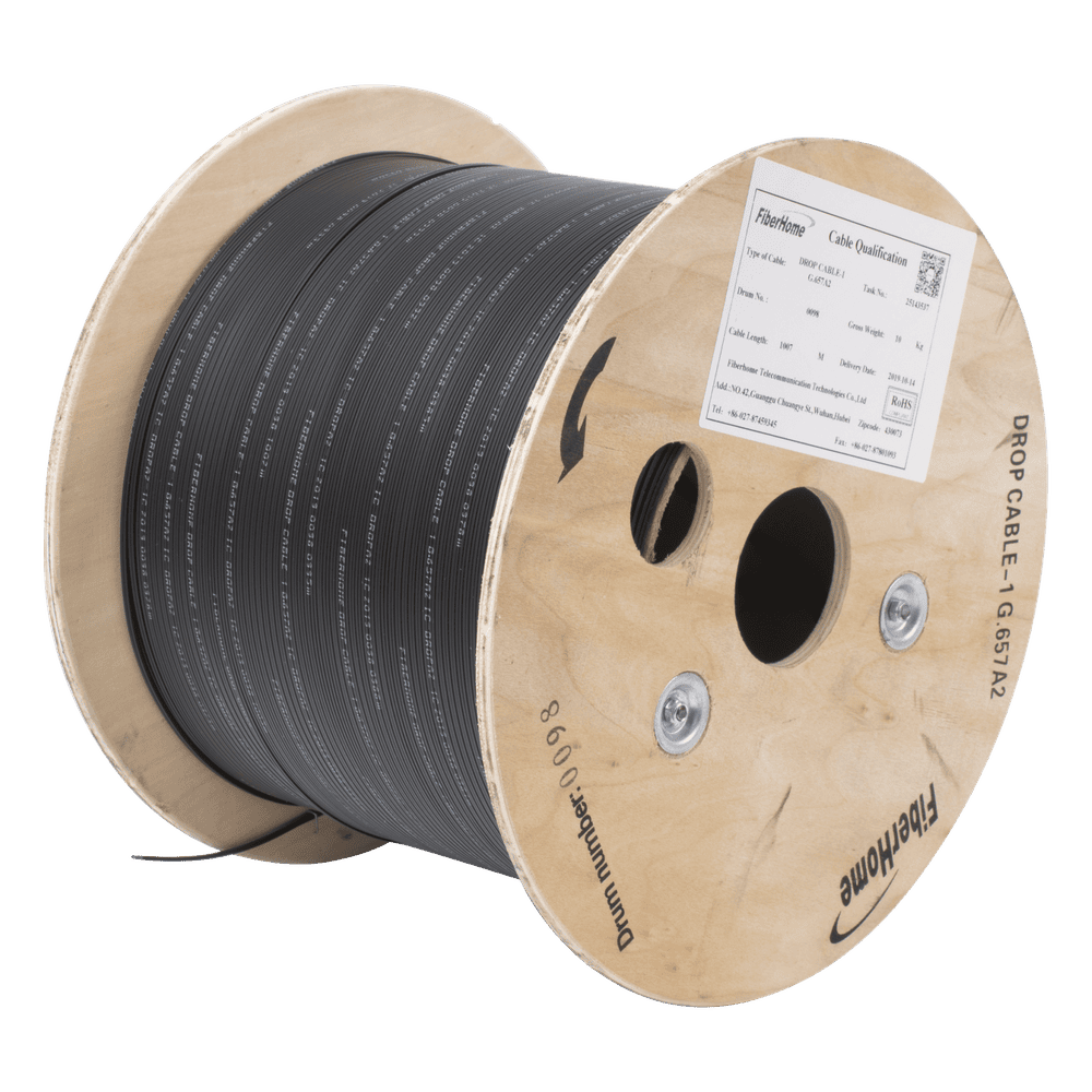 Carrete de 1 km de Fibra Óptica Drop, Interior/Exterior G.657A2 Monomodo de 1 Hilo (Unifibra), Dieléctrica, Forro Negro IC-DROPA2-1C