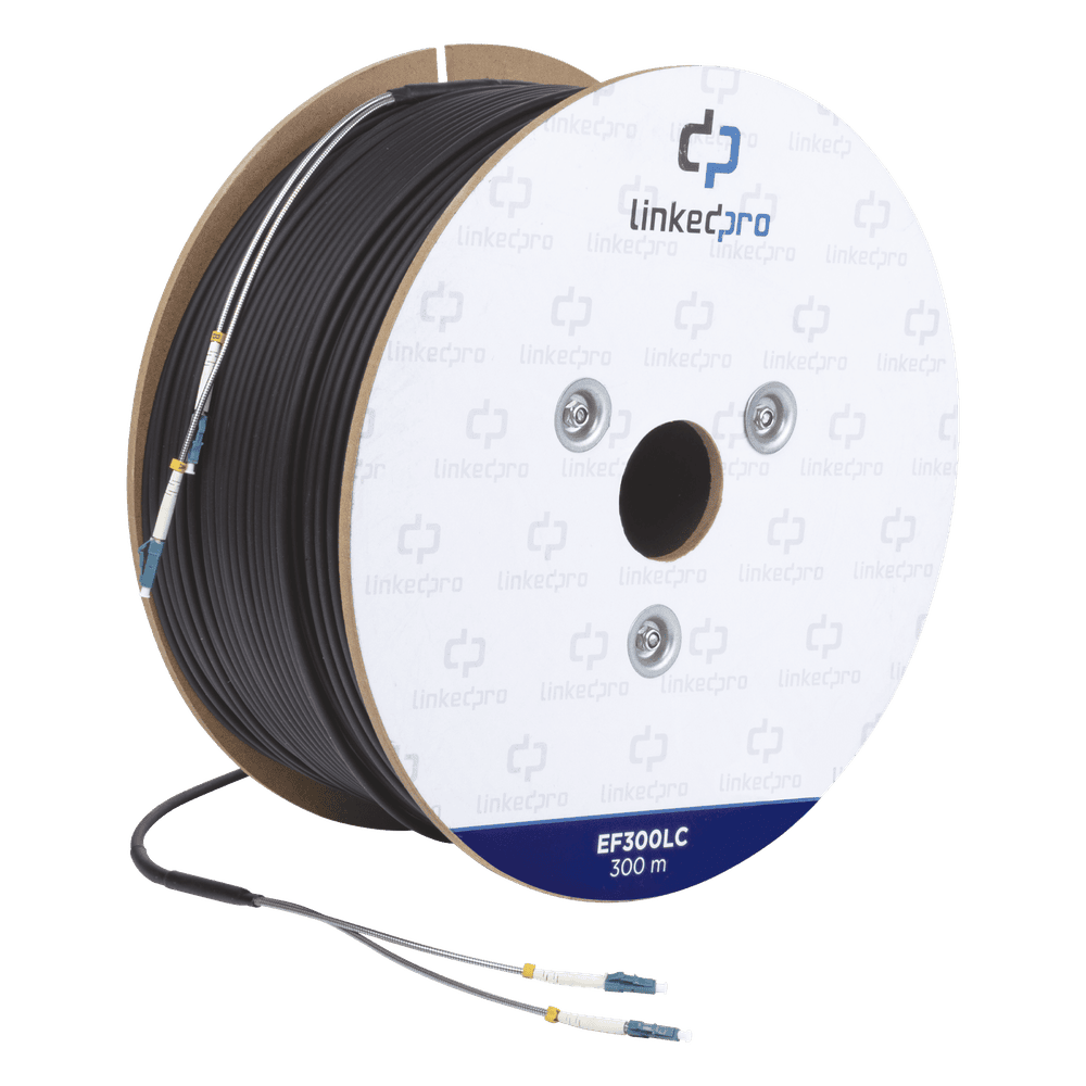Carrete de Fibra Óptica Monomodo con Conectores LC-LC Duplex, Reforzada con Kevlar, de 300 Metros (984.25 Pies), Para Instalaciones Subterráneas por Tubería EF-300-LC