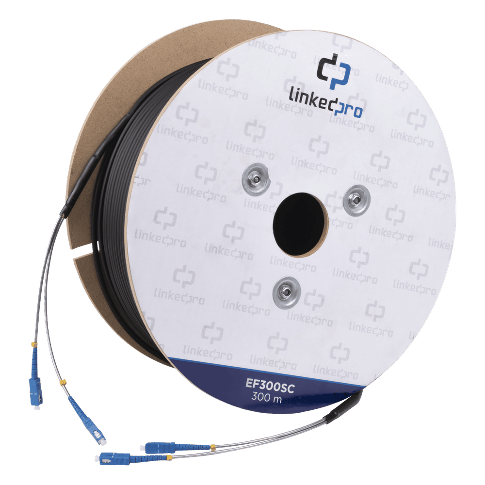 Carrete de Fibra Óptica Monomodo con Conectores SC-SC Duplex, Reforzada con Kevlar, de 300 Metros (984.25 Pies), Para Instalaciones Subterráneas por Tubería EF-300-SC