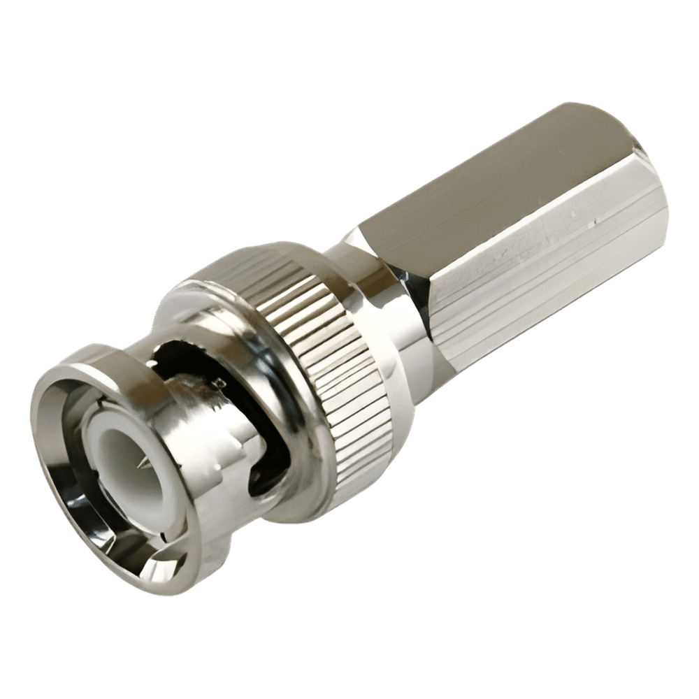 Conector BNC Macho de Ensamble Roscable (Hex.) en Sentido de las Manecillas de Reloj para Cable Coaxial RG-59/U, Níquel/ Oro/ Delrin. TT-RG-92