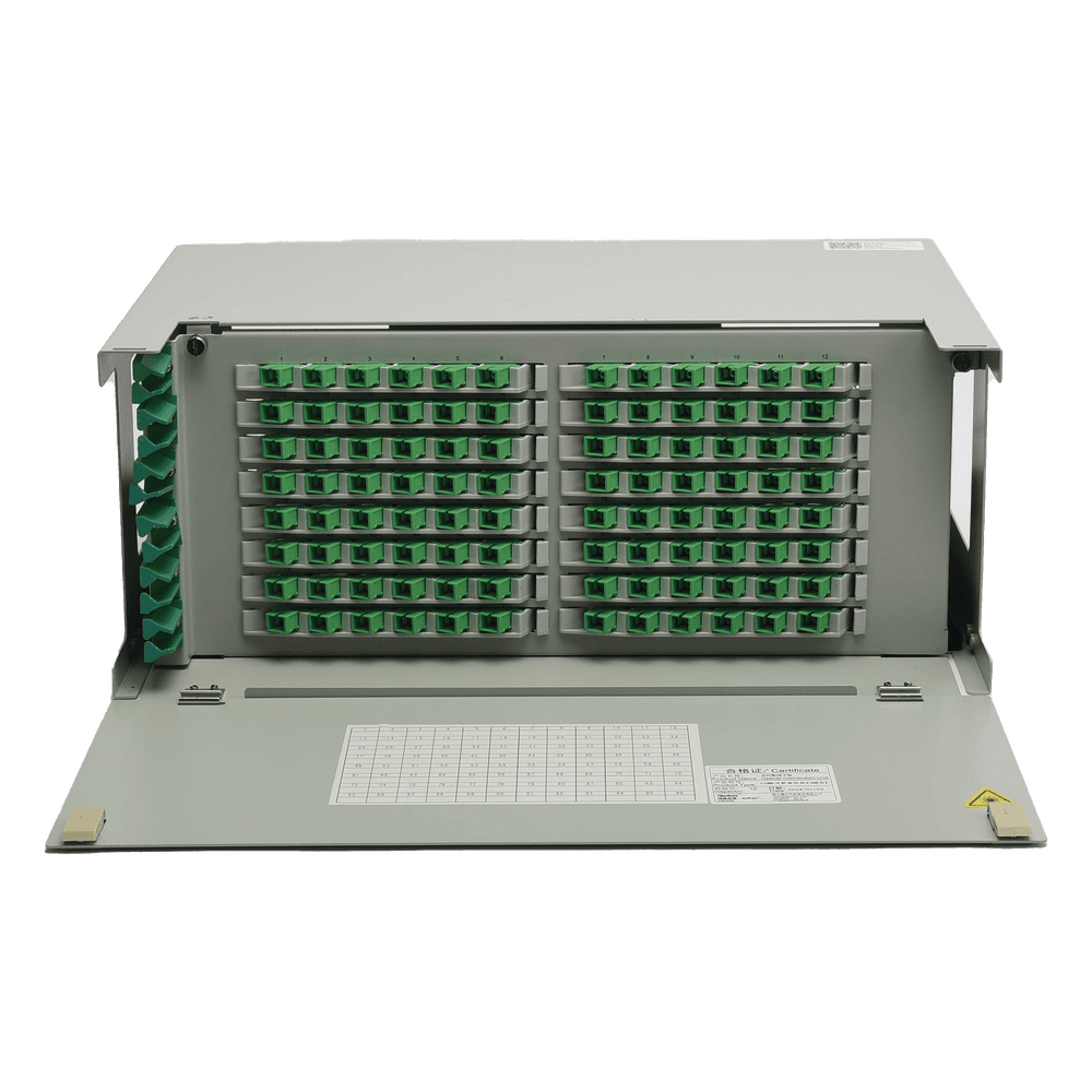 Distribuidor de Fibra Óptica para 96 Empalmes, con 96 Acopladores SC/APC y 96 Pigtails, 19, 4 UR ODU19RP-CSS96-B