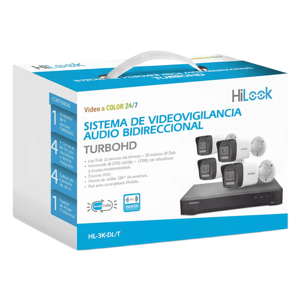 [Dual Light] Kit TurboHD 3K (5 Megapixel Lite) / DVR 4 Canales / 4 Cámaras bala Dual Light / Audio bidireccional / Accesorios de Interconexión / Fuente de Poder HL-3K-DL/T