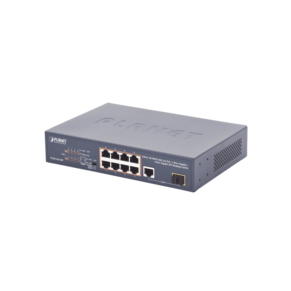 Unmanaged Switch 8 ports 10/100 PoE 802.3af/at, 120W PoE Budget, 1 Uplink Port 10/100/1000 and 1 SFP 100/1000