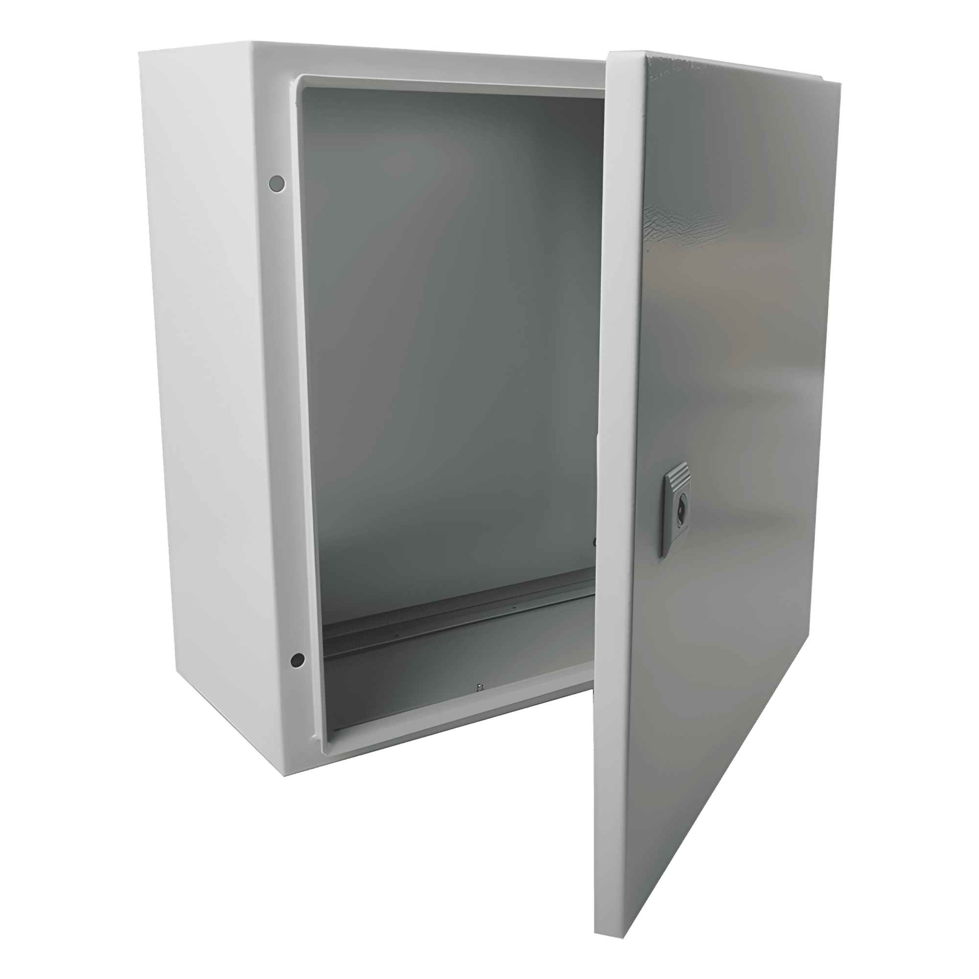 Gabinete de Acero IP66 Uso en Intemperie (400 x 400 x 200 mm) con Placa Trasera Interior de Metal y Compuerta Inferior Atornillable (Incluye Chapa y Llave T). PST-4040-20A