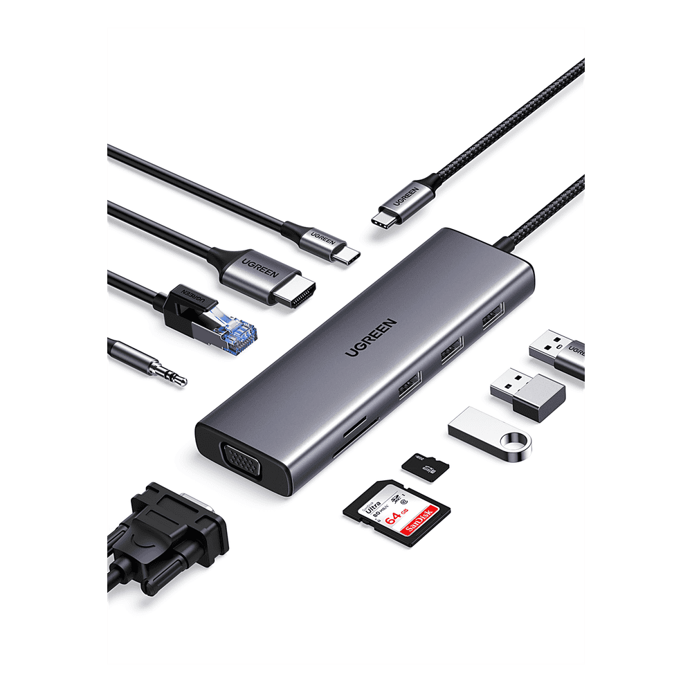 Hub USB-C 10 en 1 / HDMI 4K@30Hz + VGA 1920x1200 / 3x USB 3.0 5Gbps / Ethernet Gigabit / SD/TF Card Reader / PD 100W / Audio 3.5mm / Doble Pantalla Simultánea / Plug & Play Universal 15601