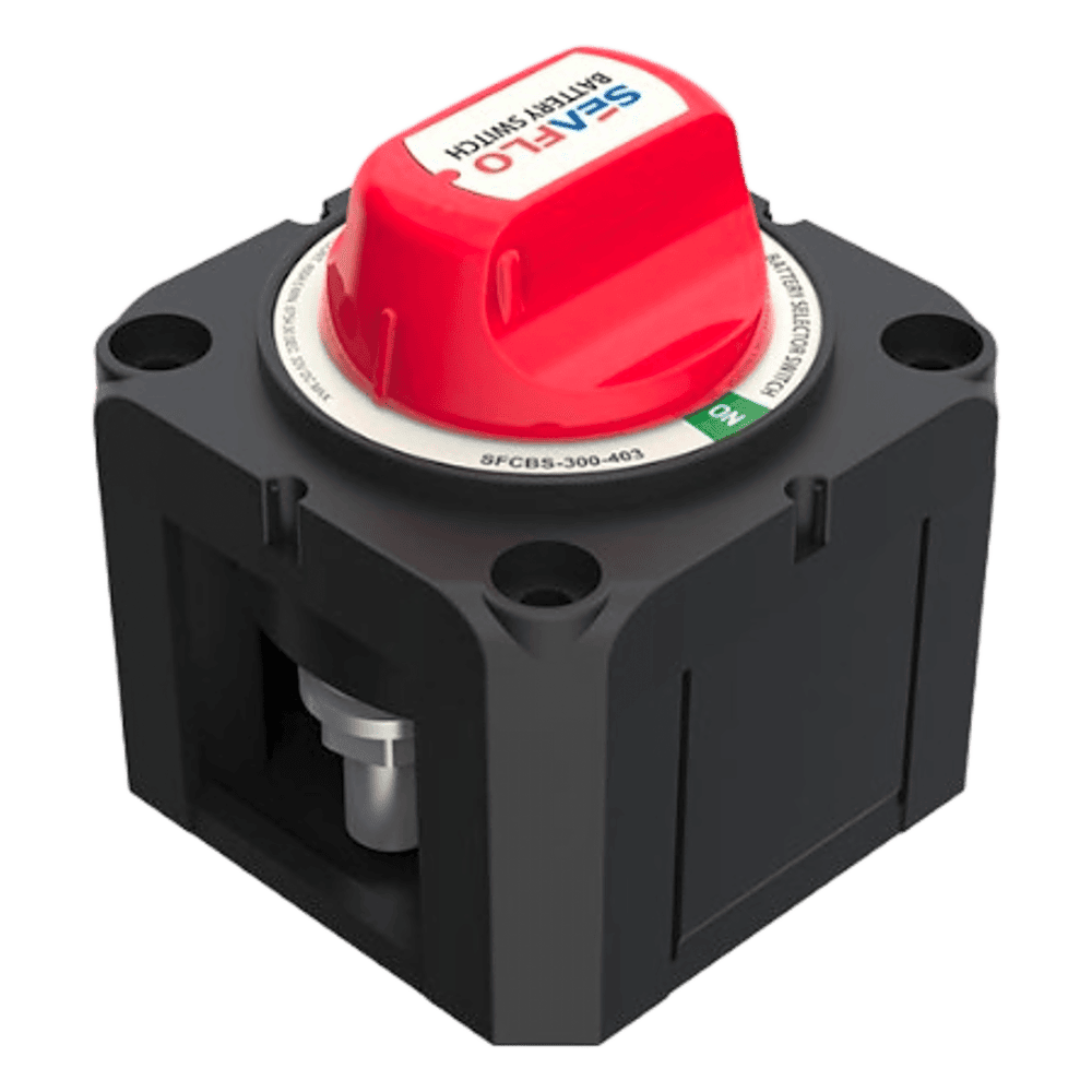 Interruptor Desconexión Batería Monocircuito ON/OFF, 275A DC Continuo, 900A DC Arranque, Terminales Cobre Estañado, IP68, Montaje Superficie/Panel, Cumple ABYC/UL/SAE SFCBS-300-202