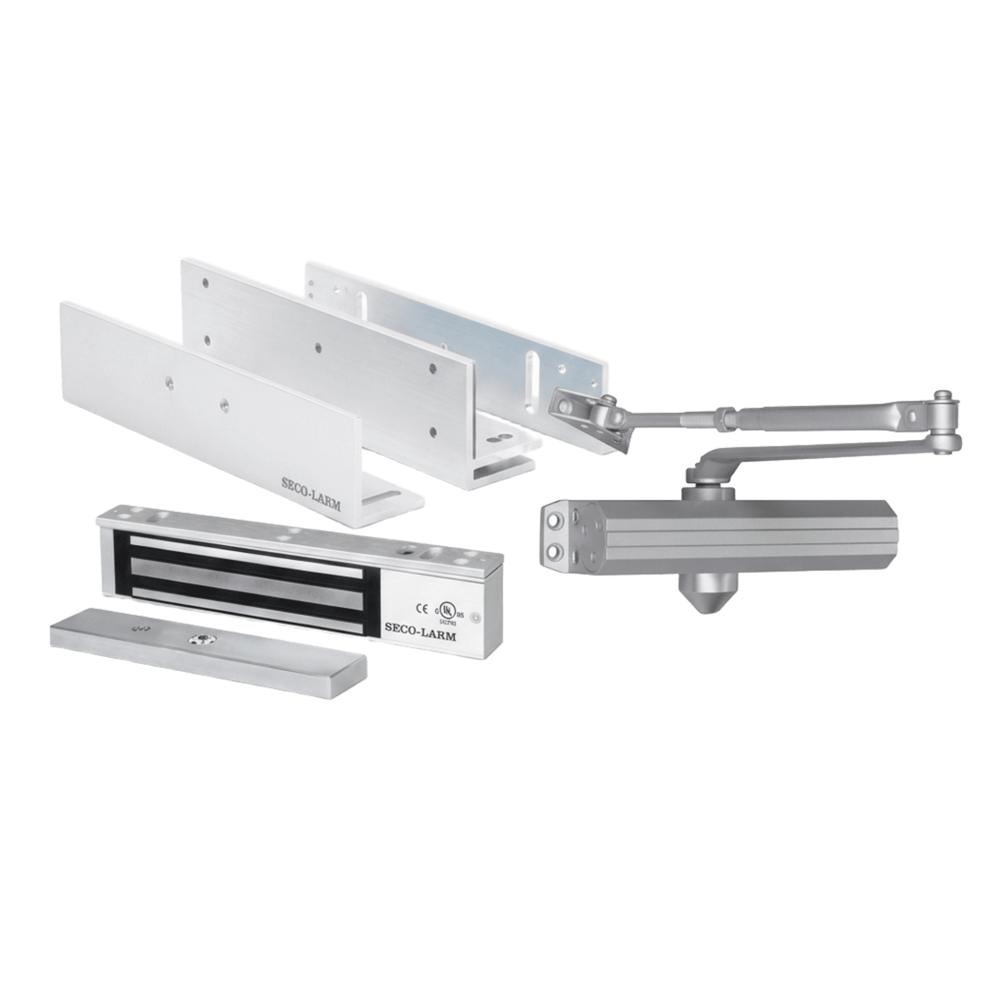 Kit para Control de Acceso Incluye Chapa Magnética de 600 Lbs / Montajes L y Z / Cierra puerta para 150 Kg / Certificación UL E941600/K