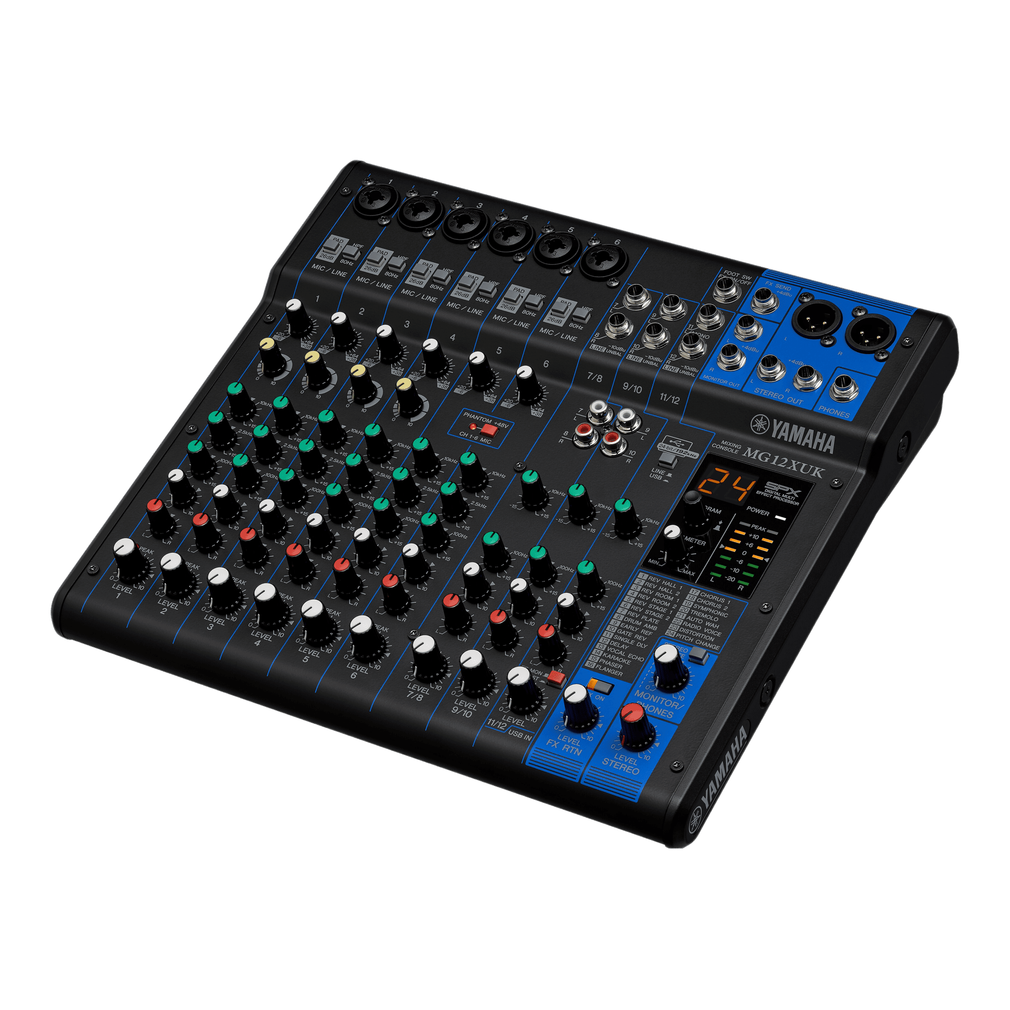 Mezcladora de Audio | 12 Canales | 6 Entradas de Micrófono/línea | 2 Entradas Estéreo | Efectos Integrados | Alimentación Phantom | USB | Con Perillas de Nivel MG12XUK