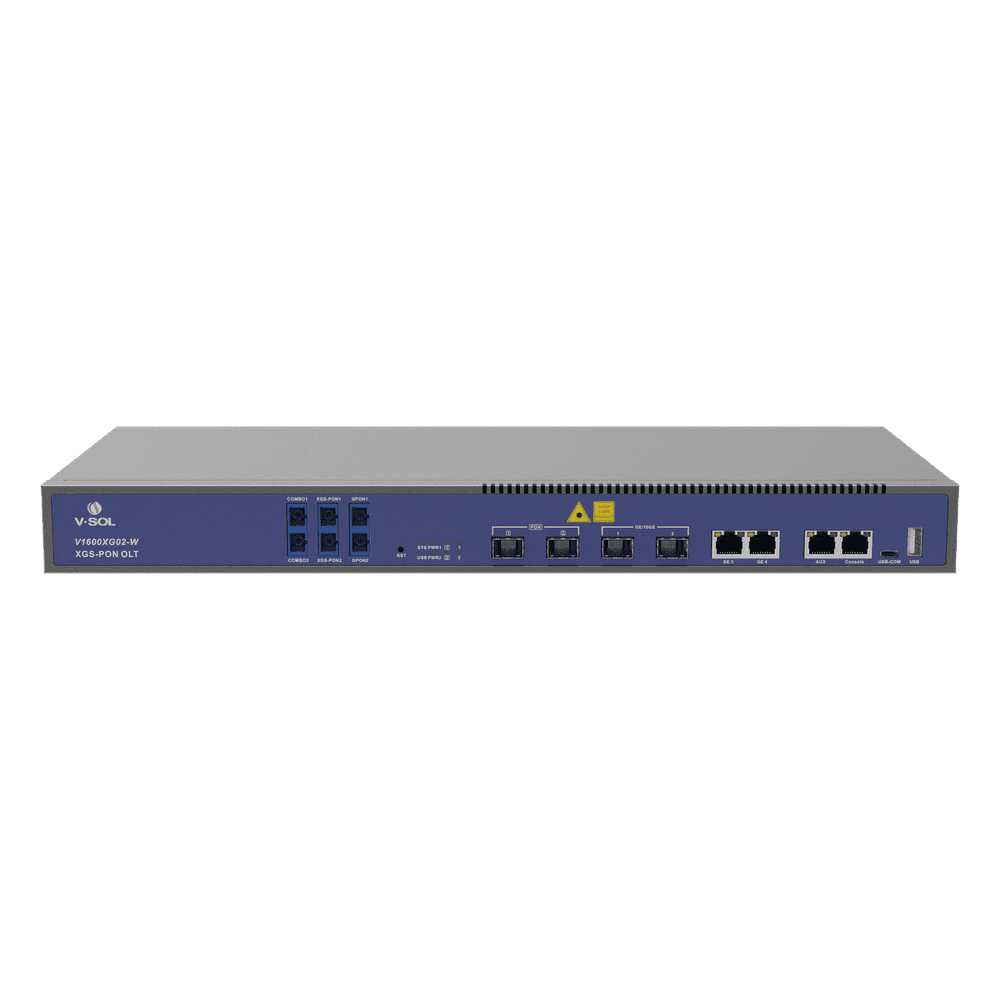 OLT Dual de 2 Puertos XGSPON/GPON con WDM Integrado/ 4 Puertos Uplink (2 Puerto Gigabit RJ45 + 2 Puertos SFP/SFP+) / Hasta 512 ONUs V1600XG02-W