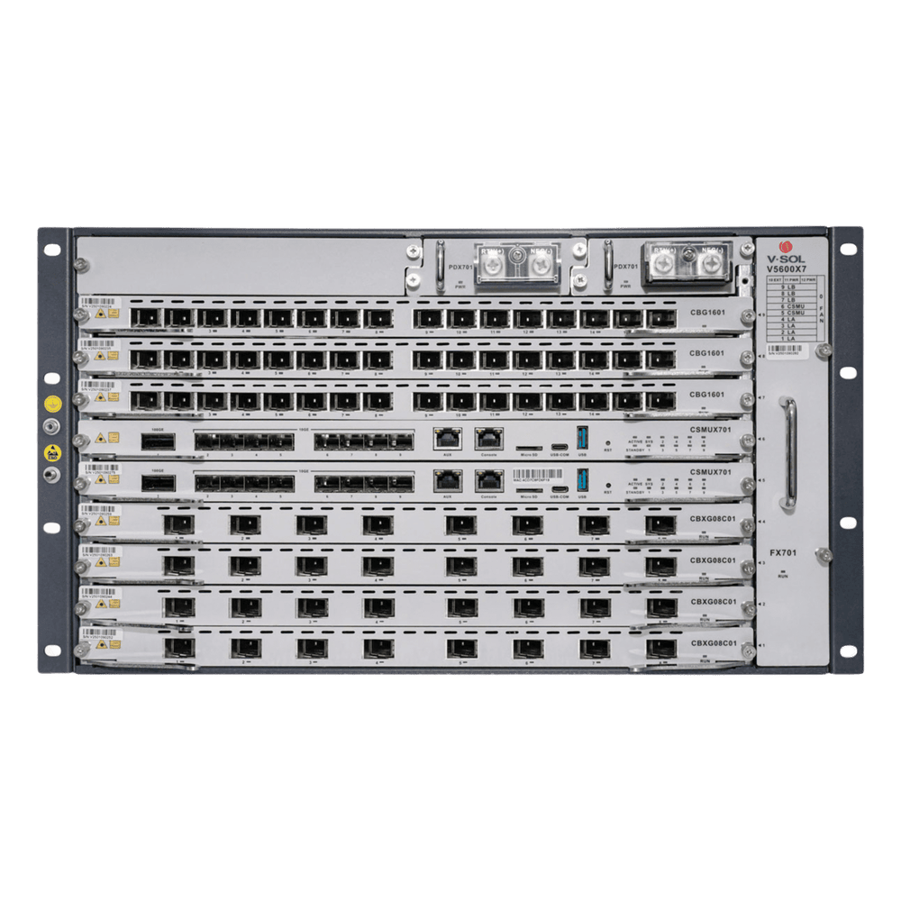 OLT Modular tipo Chasis GPON/XGS-PON Combo, 7 Ranuras de Servicio, Incluye 1 Tarjeta de Servicio de 16 puertos GPON V5600-X7