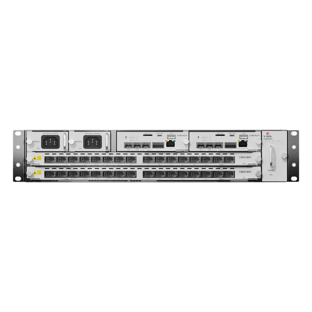 OLT Modular tipo Chasis GPON/XGS-PON Combo,1 Tarjeta de Servicio de 16 Puertos GPON, 2 Ranuras, 2 Fuentes de Alimentación AC, 2 UR V5600-X2