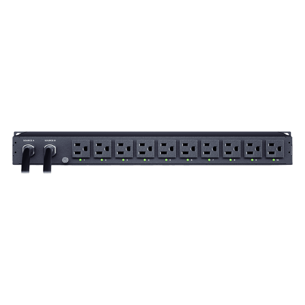 PDU ATS (Fuente Redundante Auto-transferible) Monitoreable, Para Distribución de Energía, 2 Entradas 120 Vca NEMA5-15P, Con 10 Salidas NEMA 5-15R, Horizontal 19in, 1UR PDU44001