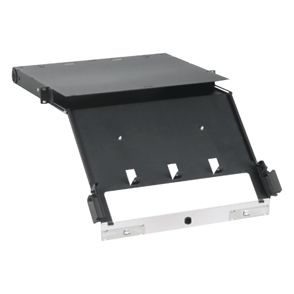 Panel de Distribución de Fibra Óptica, Acepta 4 Placas FAP o FMP, Bandeja Deslizable e Inclinable Hacia Abajo, Hasta 96 Fibras, Color Negro, 1UR FCE1U