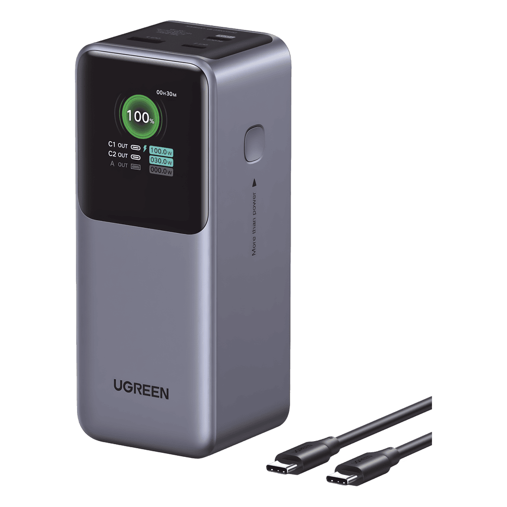 Power Bank de 20000mAh | 3 Salidas 130W Max. | USB-A + 2 USB-C | PD 3.0 | QC3.0 | FCP | SCP | Pantalla Inteligente | Carcasa Ignifuga | Color Gris | Incluye Cable USB de 50cm | Carga tu Laptop de Manera Segura. 35524B