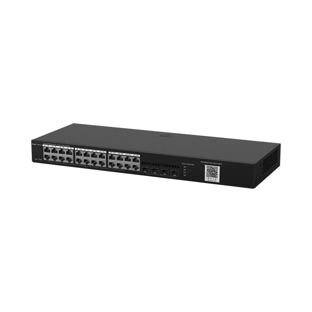28-Port Gigabit Layer 2 Cloud Managed Non-PoE Switch with 24 Gigabit Ports and 4 SFP Ports, Multiple Security Policies to Protect Your Network, Lifetime Management on Ruijie Cloud Anytime, Anywhere