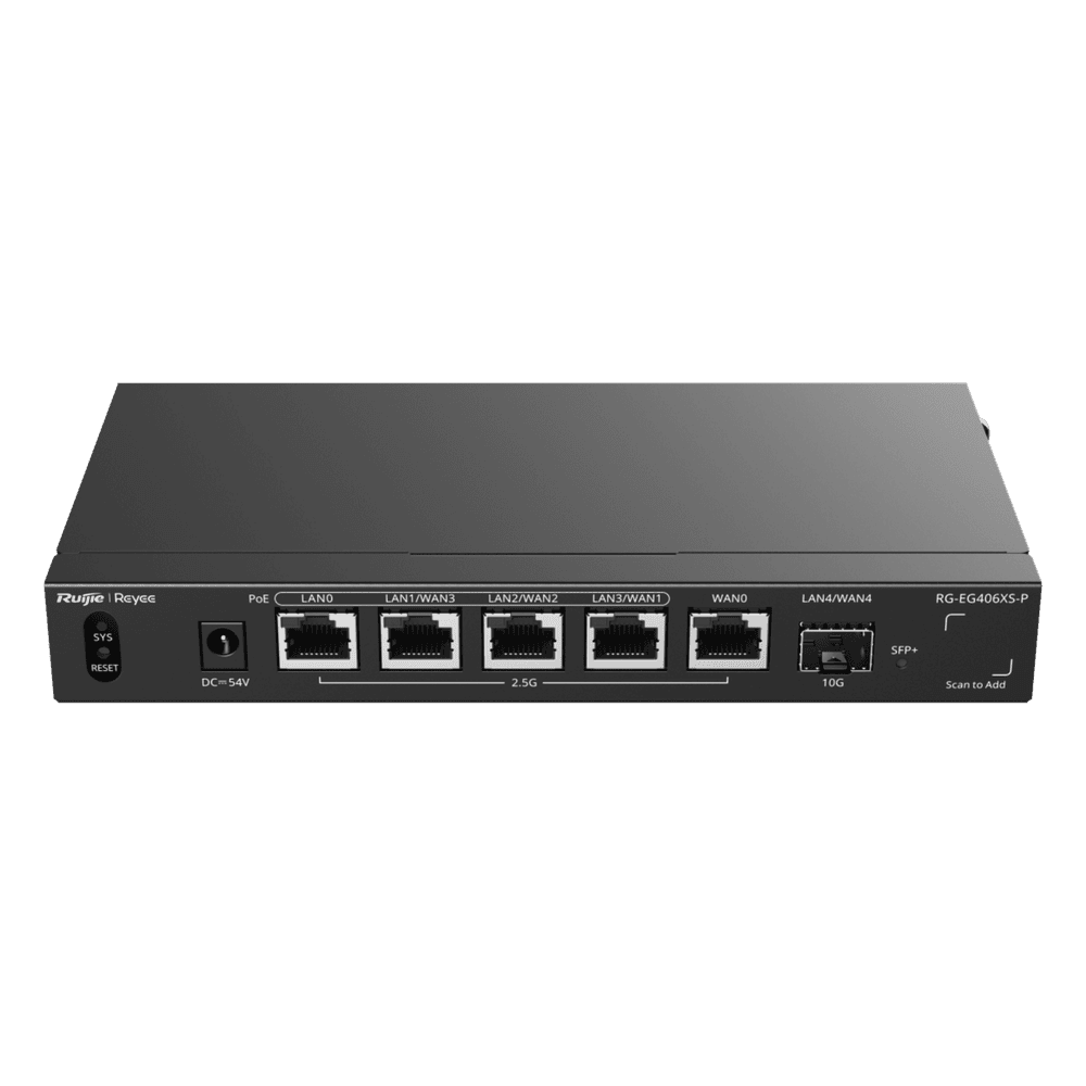 Router Balanceador con Función SD-WAN, PoE+ hasta 110 Watts, Hasta 5 Servicios de Internet y hasta 400 clientes con desempeño de 2.5 Gbps, un puerto SFP+ 10G RG-EG406XS-P