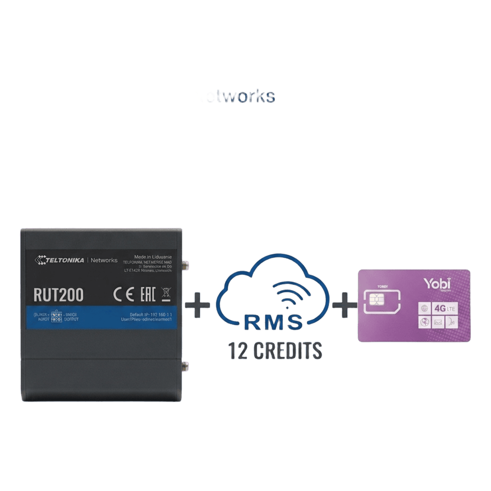 Router Teltonika LTE/4G RUT200 + 12 creditos RMS + SIM de YOBI de 1GB por Mes durante un año de servicio (solo datos) RUT200+1YRMS+1GBYOBI