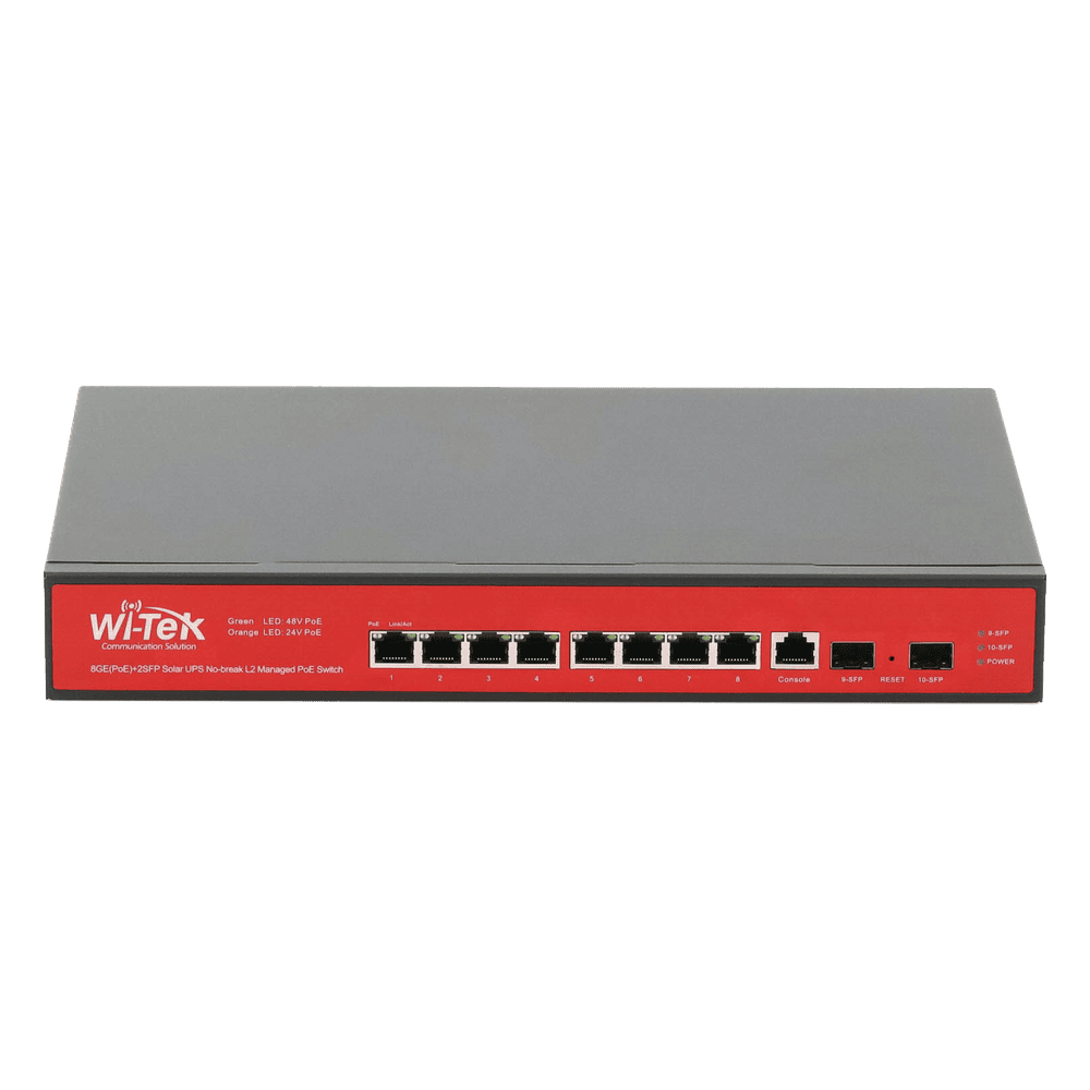 Switch Administrable Capa 2 de 8 puertos 10/100/1000 PoE af/at + 2 x SFP Gigabit, con respaldo para energía solar WI-PMS310GF-UPS-PLUS