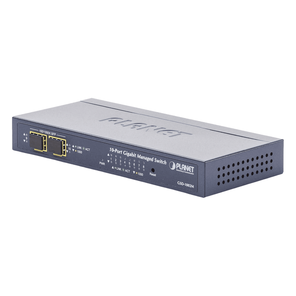 Switch Administrable de Escritorio de 8 Puertos Gigabit/ 2 Puertos SFP / 20 Gbps Switching / PoE In 802.3af/at / Dual Power DC + PoE / VLAN Q-in-Q / IPv6/IPv4/  Administración Remota con CloudNMS GSD-1002M